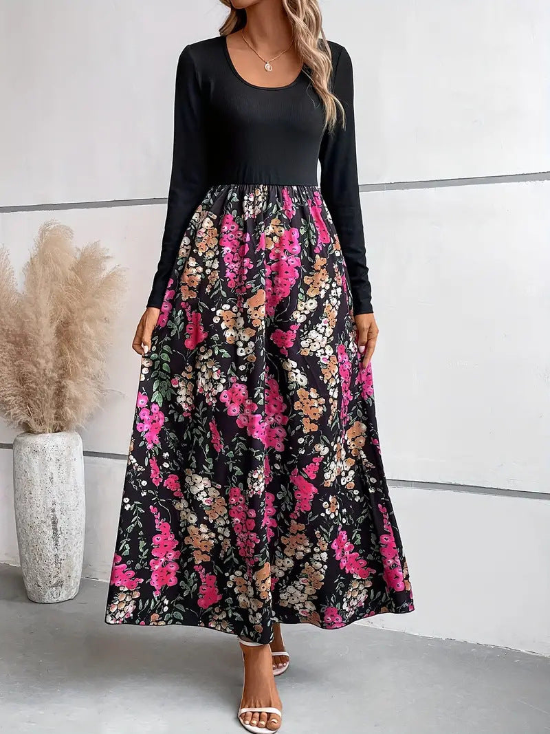 Women's Fashion Flower Multicolor Printing Long Sleeve Dress