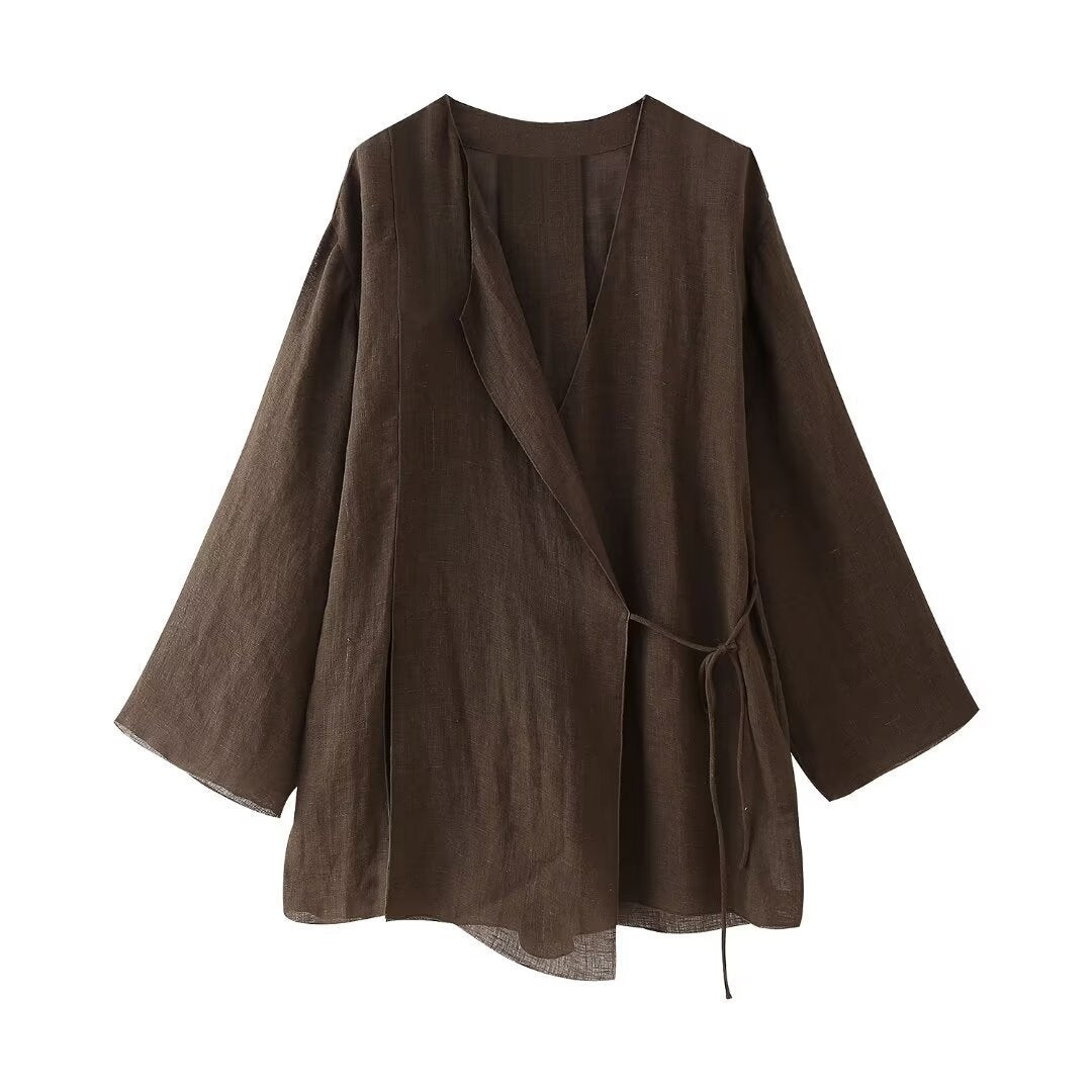 Women's Linen Kimono Cross Coat Straight-leg Pants Suit