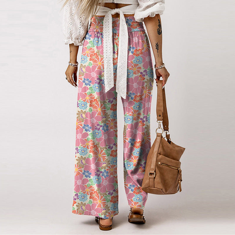 Women's Casual Loose Elastic Floral Print High Waist Wide Leg Pants