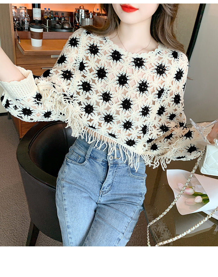 Fashion Korean Style Sweet Geometric Pattern Long Sleeve Round Neck Pullover Slimming Youthful-looking Lace Shirt