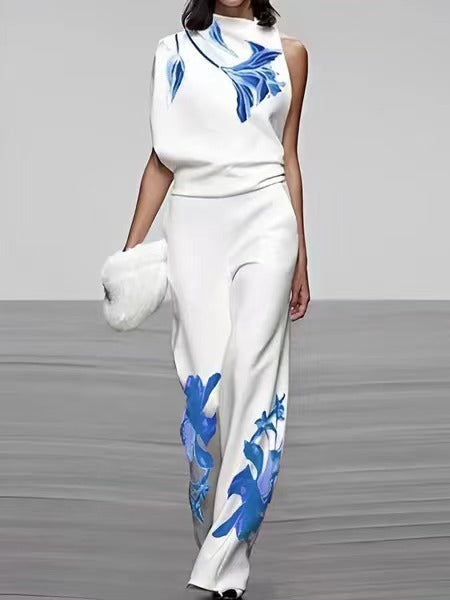 Women's New Temperament Commute Sleeveless Printed Turtleneck Fashion Suit