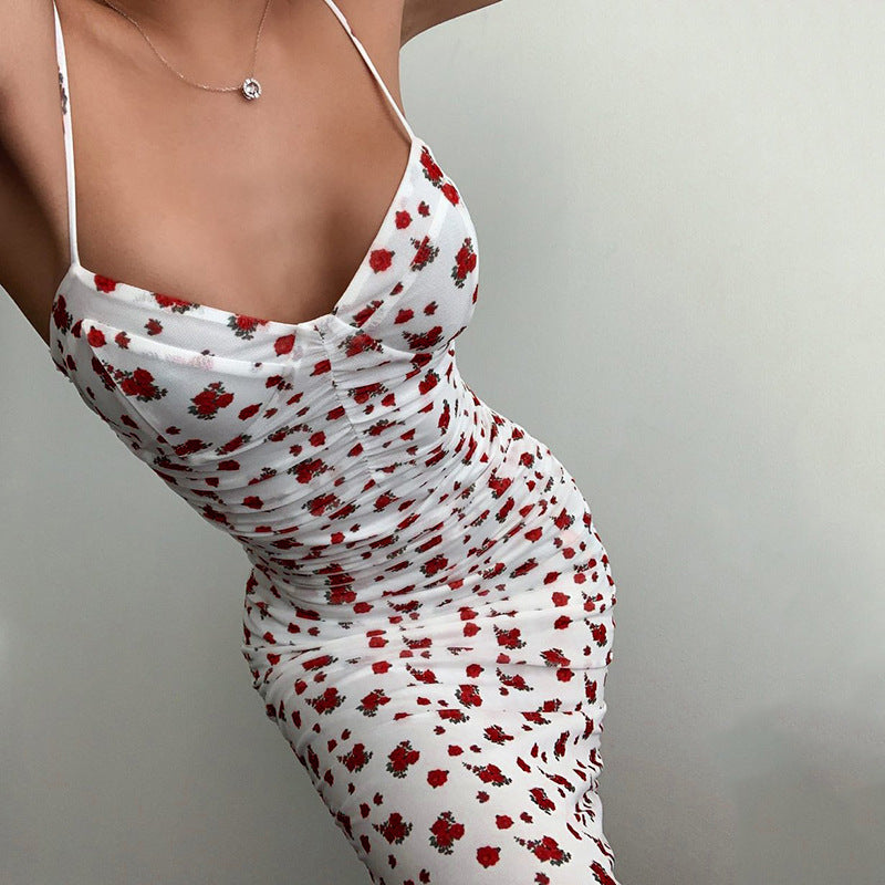 Deep V Sexy Floral Print Bag Hip Skirt