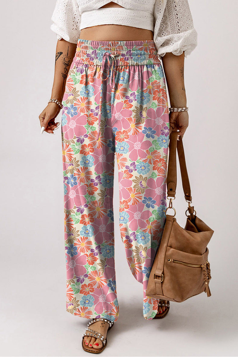 Women's Casual Loose Elastic Floral Print High Waist Wide Leg Pants