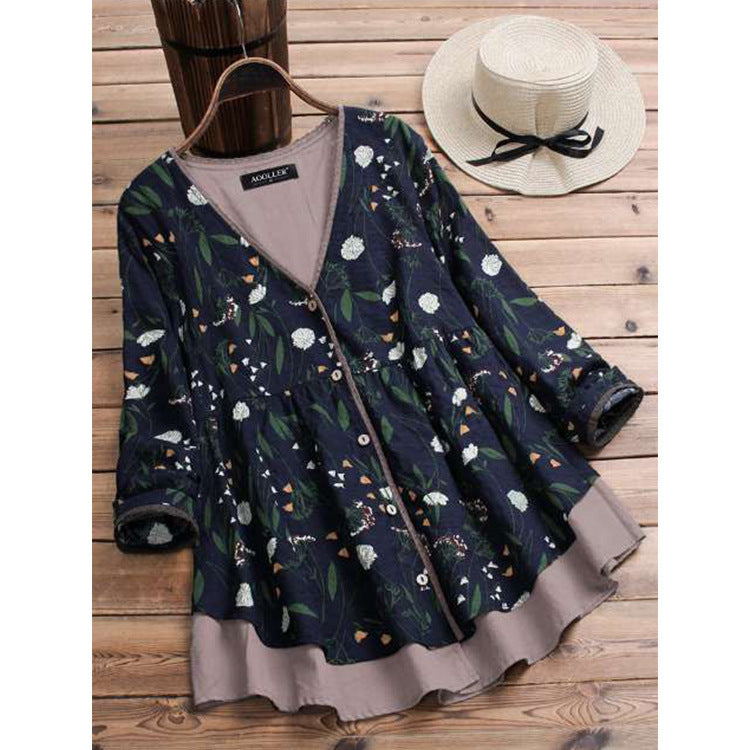 Cotton And Linen Casual And Comfortable Plus Size Women's Coat Loose False Two Pieces V-neck Floral Shirt