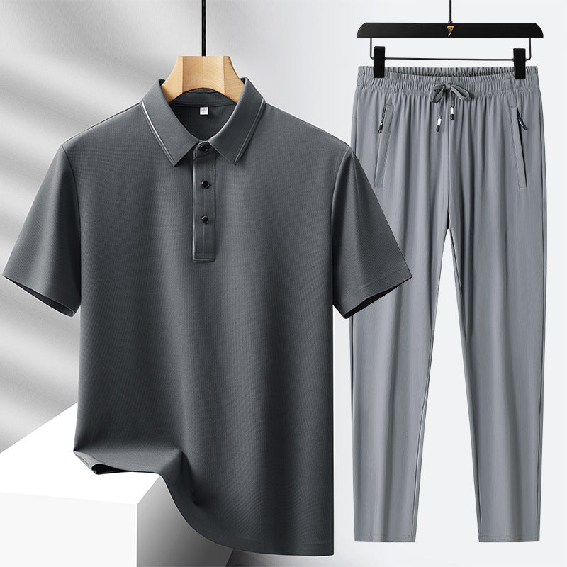 Men's Light Luxury High-end Ice Silk Seamless Polo Shirt Trousers Sports Leisure Suit