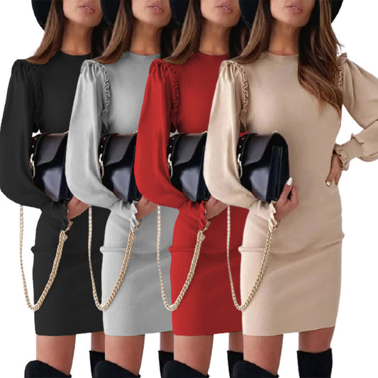 European And American Autumn And Winter Solid Color Round Neck Lotus Leaf Sleeve Sexy Dress