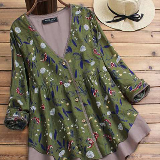 Cotton And Linen Casual And Comfortable Plus Size Women's Coat Loose False Two Pieces V-neck Floral Shirt