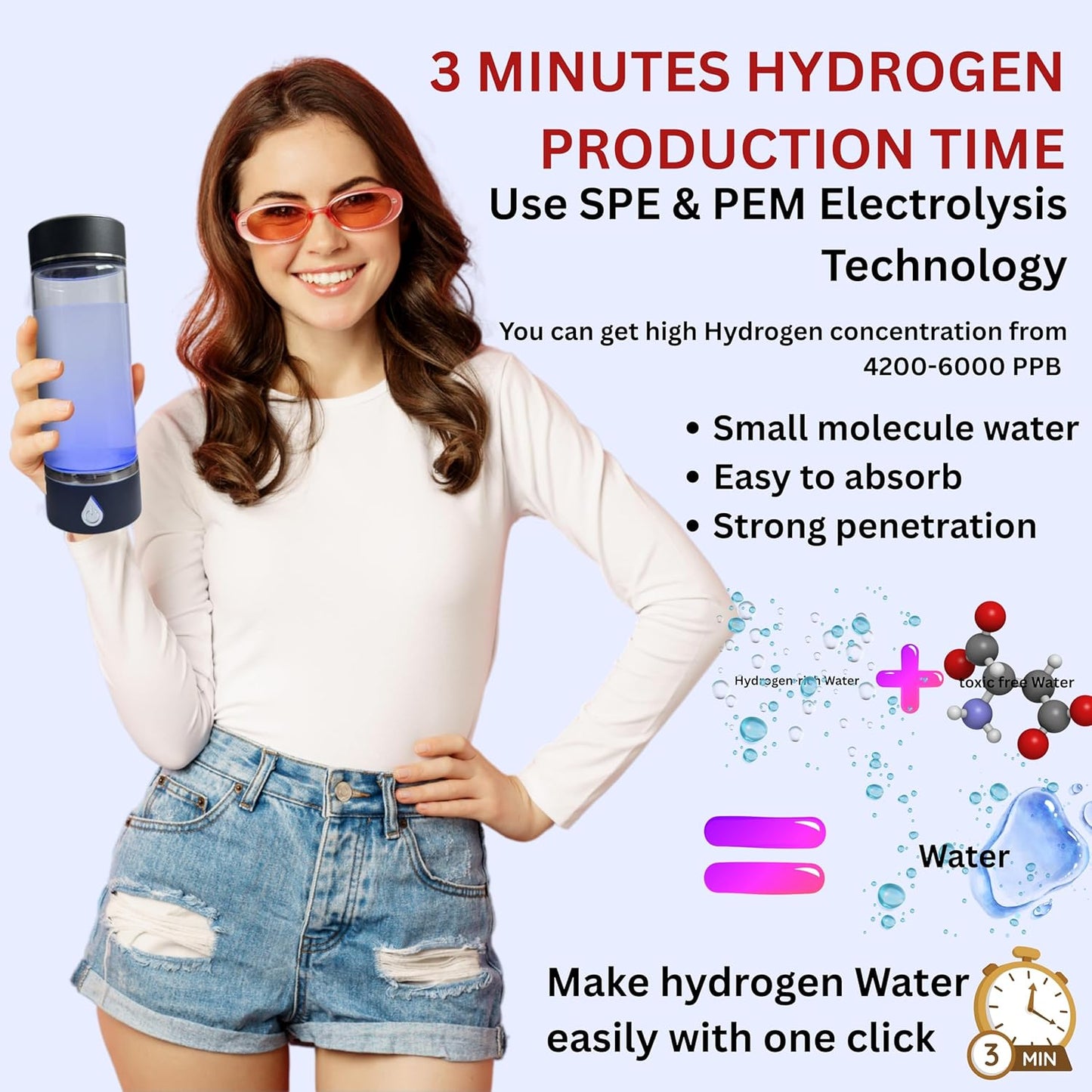 Hydrogen Water Bottle, Portable Hydrogen Water Bottle Generator and Well-Being, Refine Water in 3 Minutes, Convenient for Workplace, Day Travel and Drinking, Gift for Beloved.