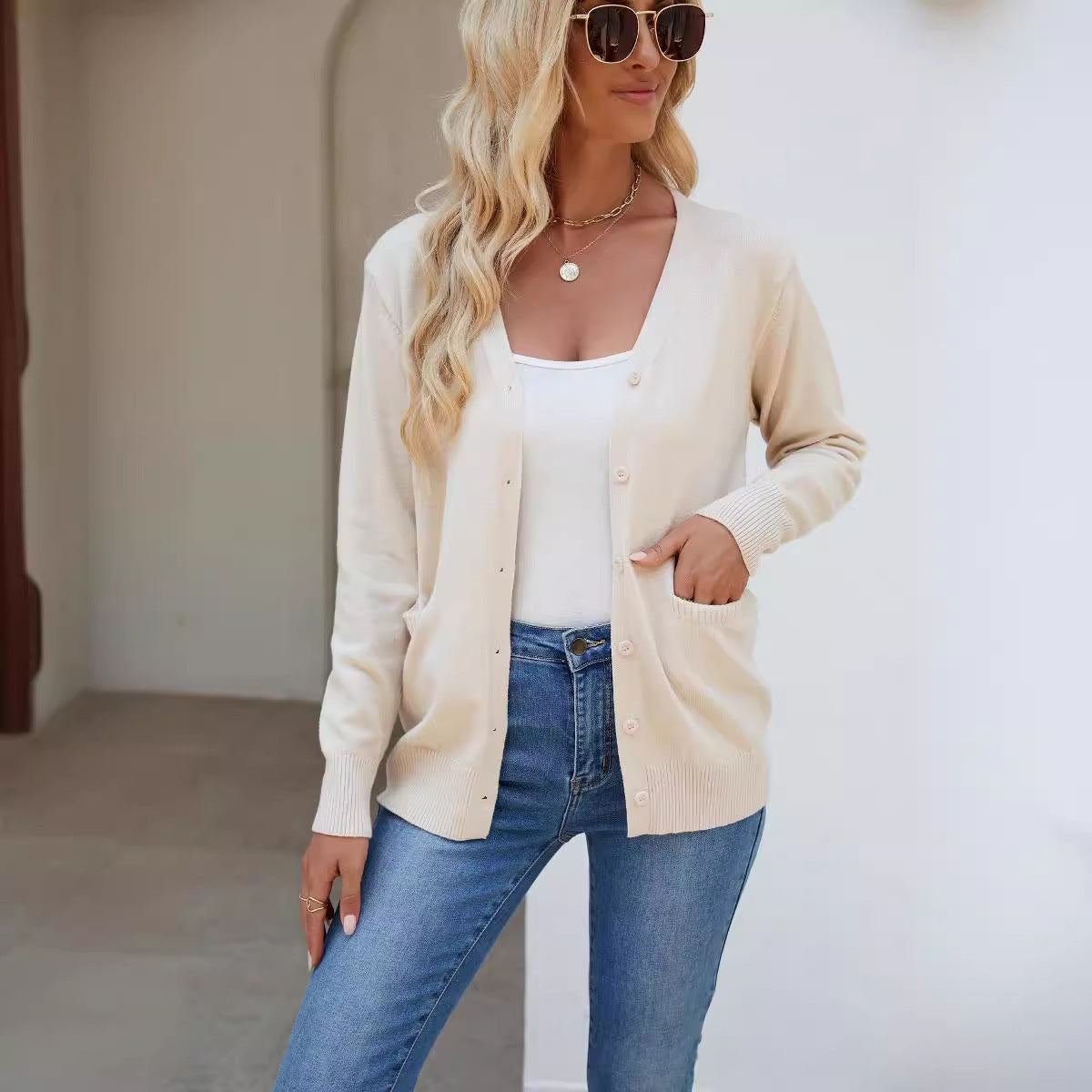 Knitted Cardigan Sweater Women V-neck Long Sleeve Single Breasted