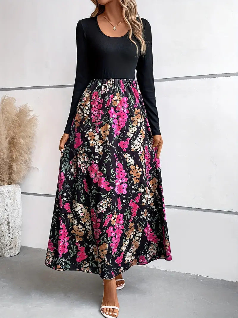 Women's Fashion Flower Multicolor Printing Long Sleeve Dress