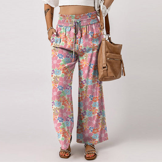 Women's Casual Loose Elastic Floral Print High Waist Wide Leg Pants