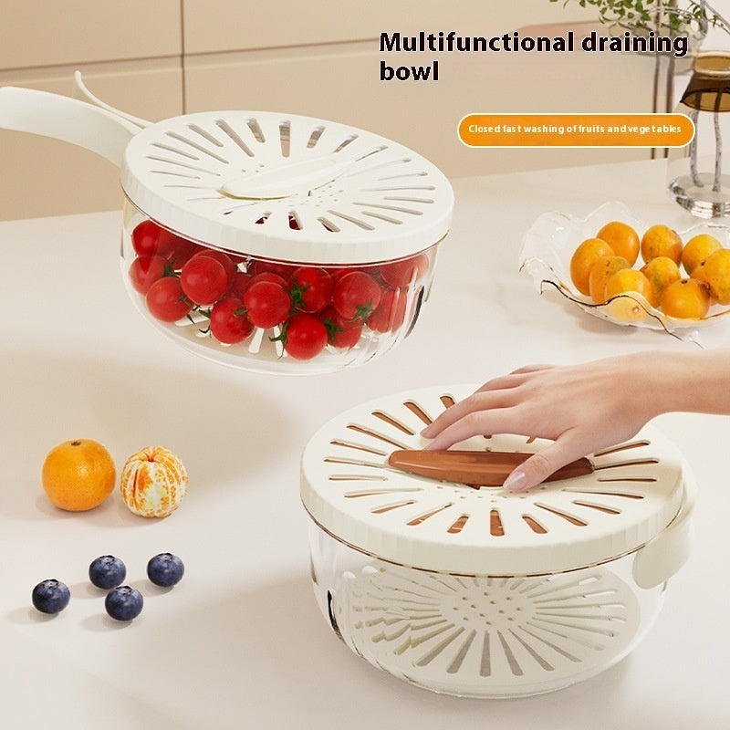 Fruit Drain Basket With Lid Vegetable Washing Bowl Foldable Handle Cleaning Colander Plastic Refrigerator Crisper Kitchen Box Kitchen Gadgets