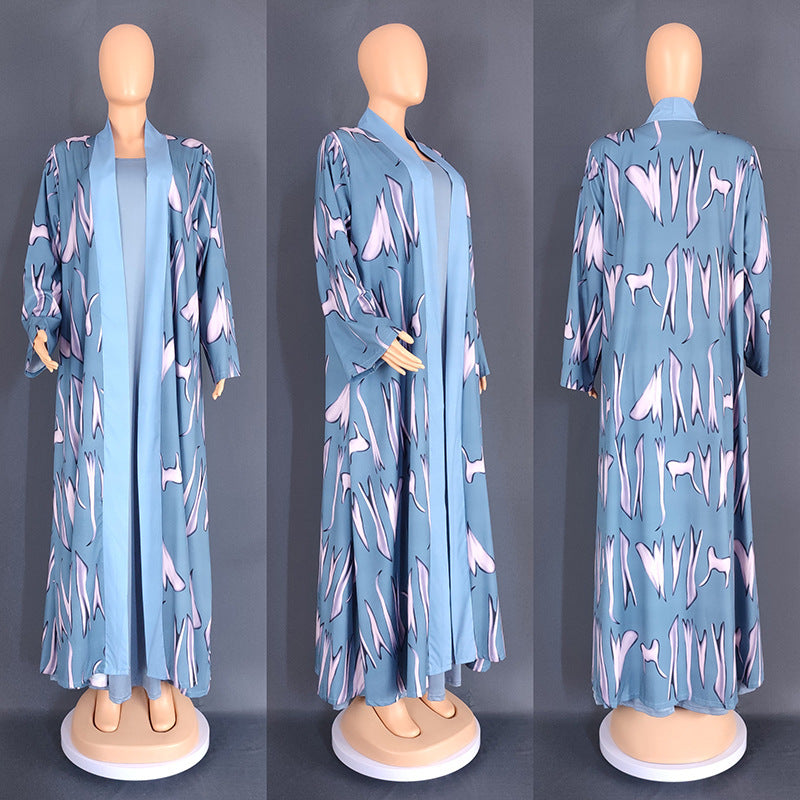 Digital Printing Cardigan Long Robe European And American Clothing Two-piece Suit 8839