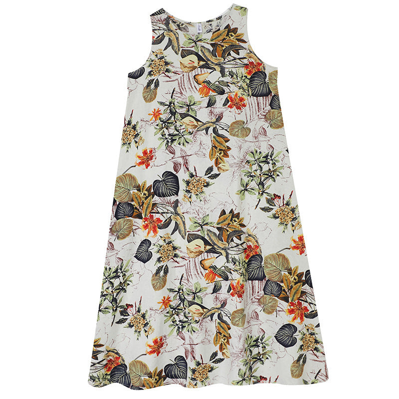 Printed Cotton Linen Round Neck Sleeveless Dress Women's