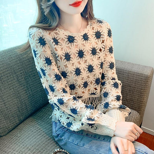 Fashion Korean Style Sweet Geometric Pattern Long Sleeve Round Neck Pullover Slimming Youthful-looking Lace Shirt