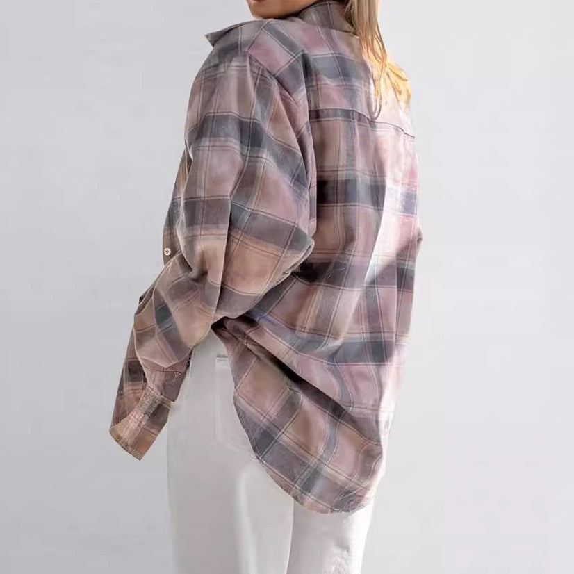 Plaid Long Sleeve Shirt Baggy Coat Women